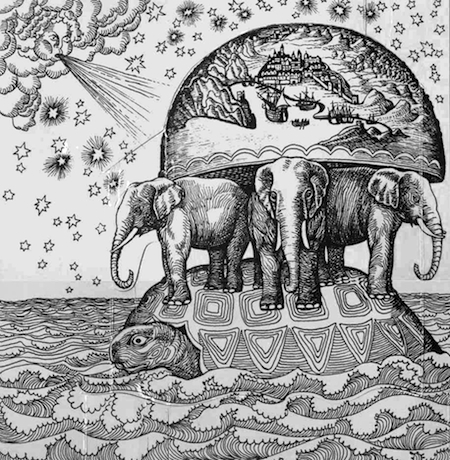 гравюра с изображением трех слонов, держащих на себе мир